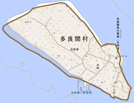 字水納とその周辺の地図。町の範囲を重ねている