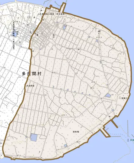 字塩川とその周辺の地図。町の範囲を重ねている