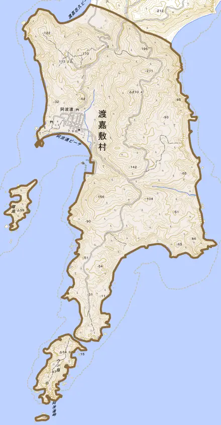 字阿波連とその周辺の地図。町の範囲を重ねている