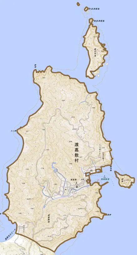 字渡嘉敷とその周辺の地図。町の範囲を重ねている