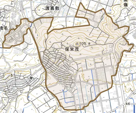 字保栄茂とその周辺の地図。町の範囲を重ねている