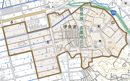 字伊良波とその周辺の地図。町の範囲を重ねている