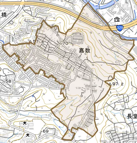 字嘉数とその周辺の地図。町の範囲を重ねている