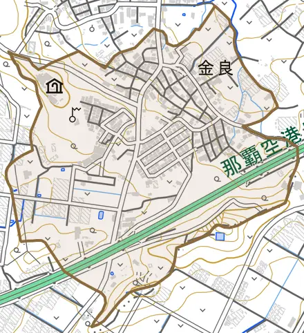 字金良とその周辺の地図。町の範囲を重ねている