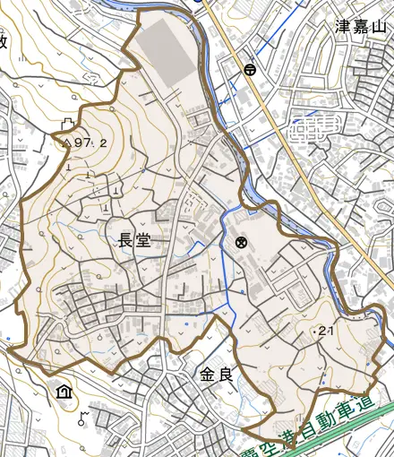 字長堂とその周辺の地図。町の範囲を重ねている