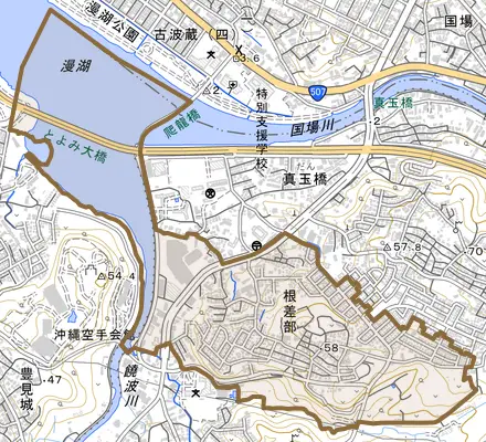 字根差部とその周辺の地図。町の範囲を重ねている