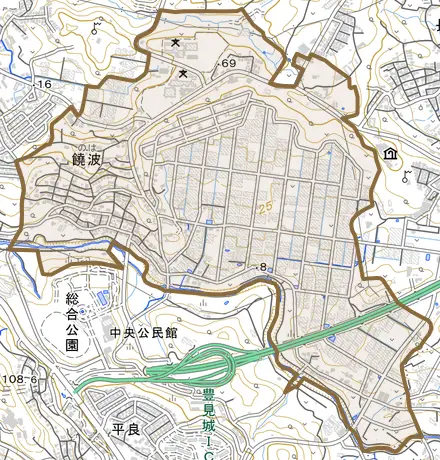 字饒波とその周辺の地図。町の範囲を重ねている