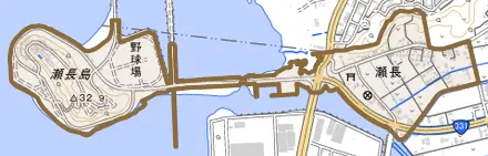 字瀬長とその周辺の地図。町の範囲を重ねている