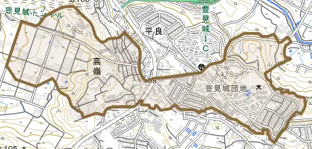 字高嶺とその周辺の地図。町の範囲を重ねている