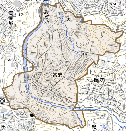 字高安とその周辺の地図。町の範囲を重ねている