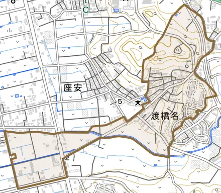 字渡橋名とその周辺の地図。町の範囲を重ねている