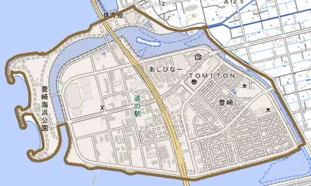 字豊崎とその周辺の地図。町の範囲を重ねている