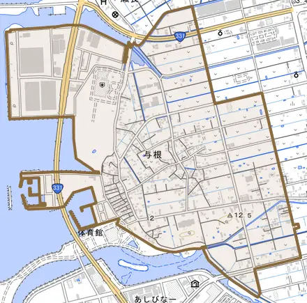 字与根とその周辺の地図。町の範囲を重ねている