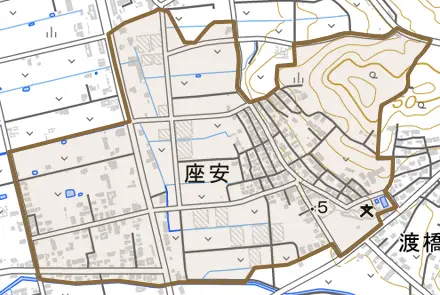 字座安とその周辺の地図。町の範囲を重ねている