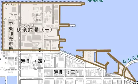 伊奈武瀬とその周辺の地図。町の範囲を重ねている