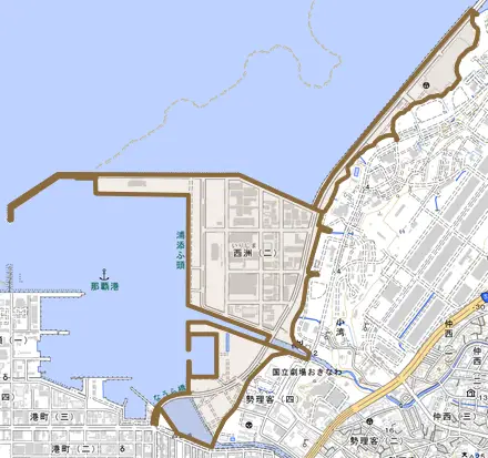 西洲とその周辺の地図。町の範囲を重ねている
