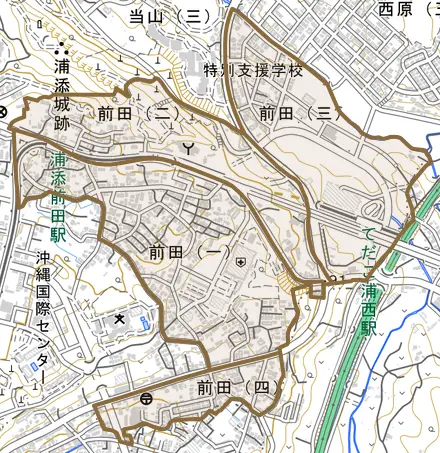 前田とその周辺の地図。町の範囲を重ねている