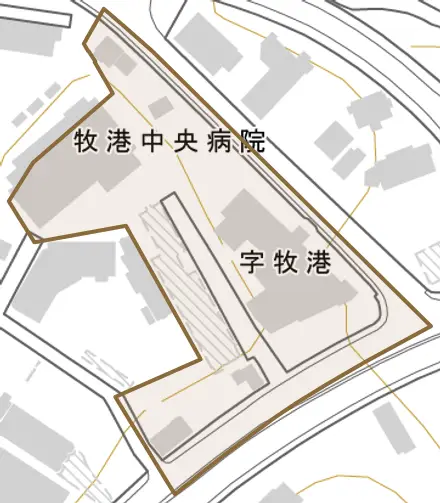 字牧港とその周辺の地図。町の範囲を重ねている