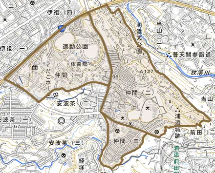 仲間とその周辺の地図。町の範囲を重ねている