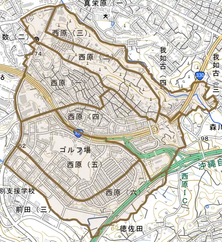 西原とその周辺の地図。町の範囲を重ねている