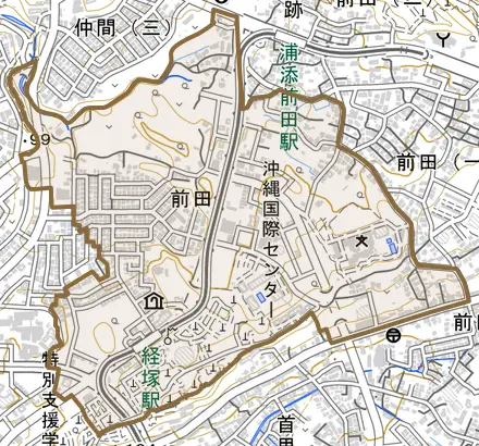 字前田とその周辺の地図。町の範囲を重ねている