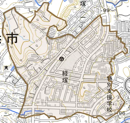 字経塚とその周辺の地図。町の範囲を重ねている