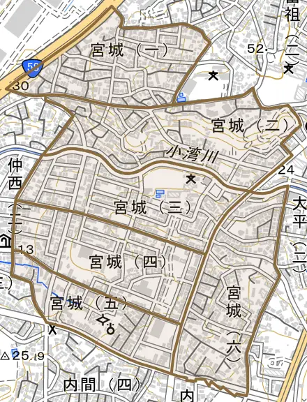 宮城とその周辺の地図。町の範囲を重ねている