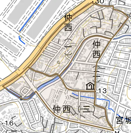 仲西とその周辺の地図。町の範囲を重ねている