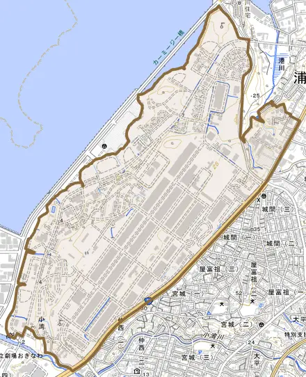 字城間とその周辺の地図。町の範囲を重ねている