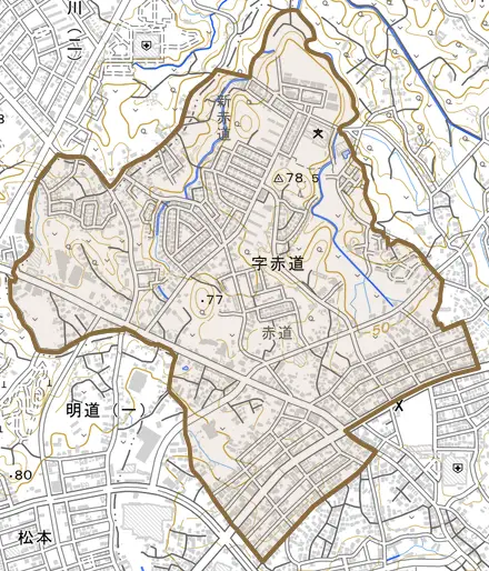 字赤道とその周辺の地図。町の範囲を重ねている