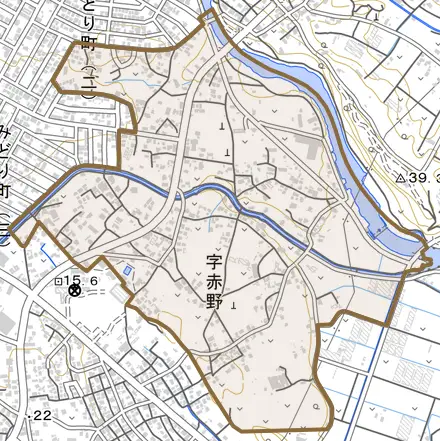 字赤野とその周辺の地図。町の範囲を重ねている