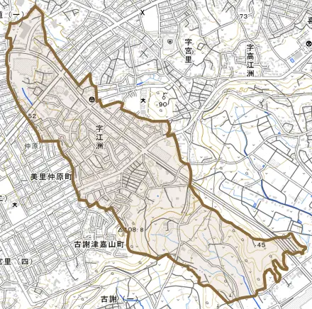 字江洲とその周辺の地図。町の範囲を重ねている