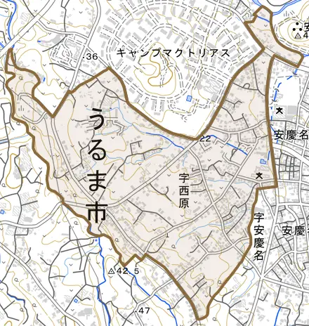 字西原とその周辺の地図。町の範囲を重ねている
