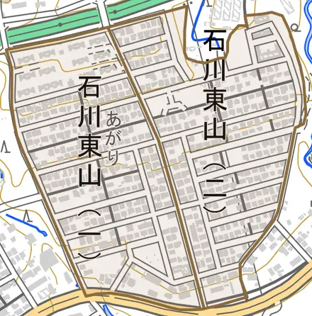 石川東山とその周辺の地図。町の範囲を重ねている