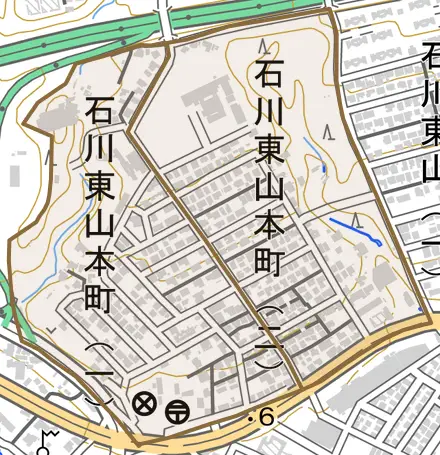 石川東山本町とその周辺の地図。町の範囲を重ねている