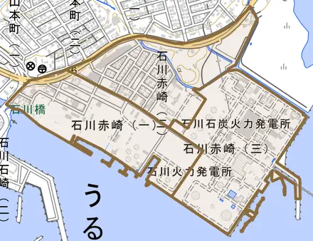 石川赤崎とその周辺の地図。町の範囲を重ねている