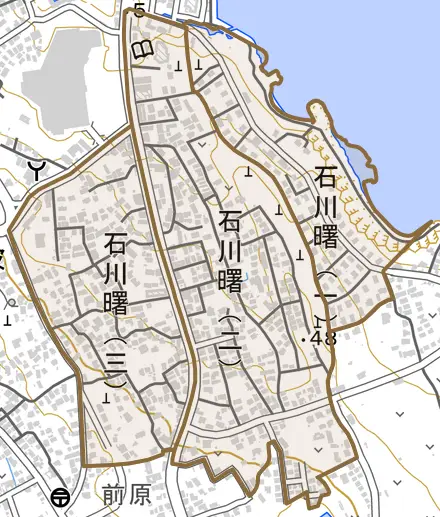 石川曙とその周辺の地図。町の範囲を重ねている