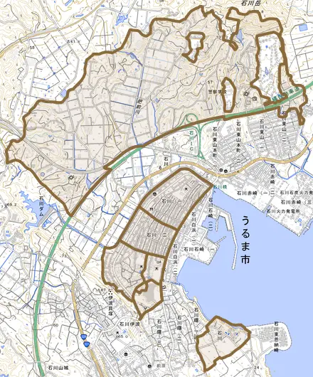 石川とその周辺の地図。町の範囲を重ねている