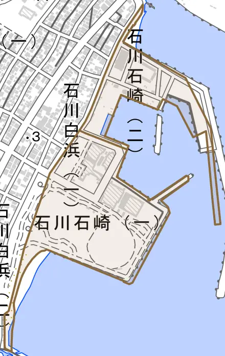 石川石崎とその周辺の地図。町の範囲を重ねている