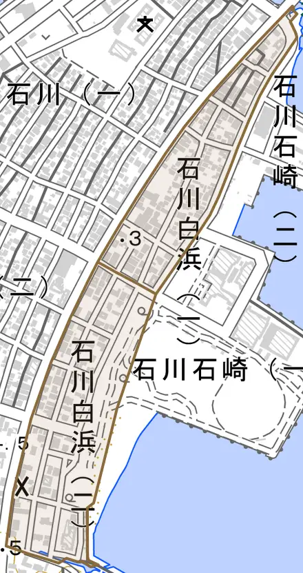 石川白浜とその周辺の地図。町の範囲を重ねている