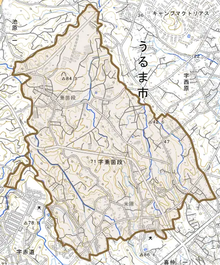 字兼箇段とその周辺の地図。町の範囲を重ねている