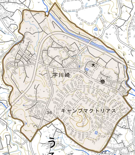 字川崎とその周辺の地図。町の範囲を重ねている