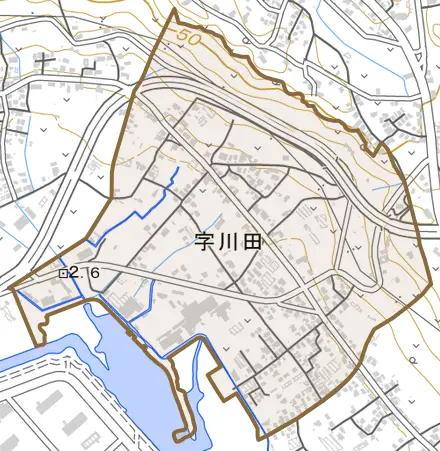 字川田とその周辺の地図。町の範囲を重ねている