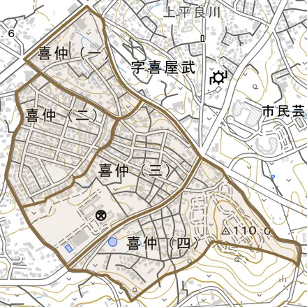 喜仲とその周辺の地図。町の範囲を重ねている