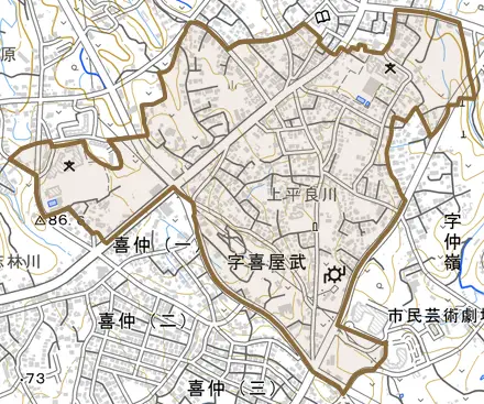 字喜屋武とその周辺の地図。町の範囲を重ねている