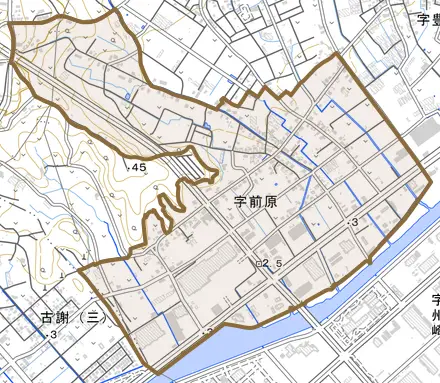 字前原とその周辺の地図。町の範囲を重ねている