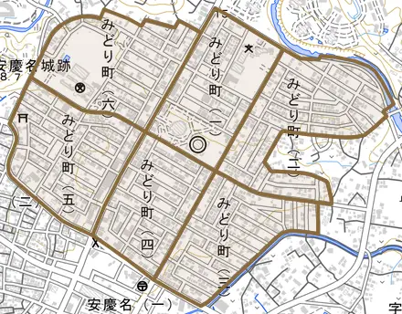 みどり町とその周辺の地図。町の範囲を重ねている