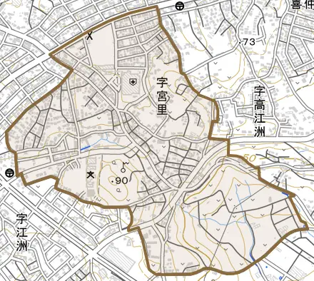 字宮里とその周辺の地図。町の範囲を重ねている