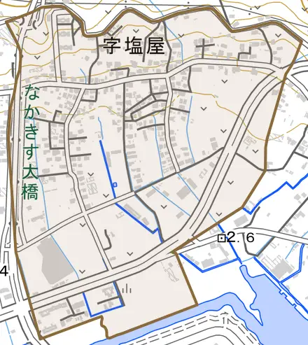 字塩屋とその周辺の地図。町の範囲を重ねている