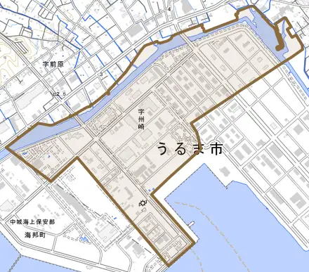 字州崎とその周辺の地図。町の範囲を重ねている
